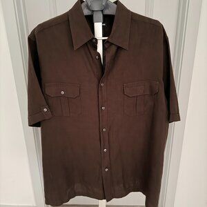 Claiborne 2XL Mens Shirt Brown Short Sleeve Button Up 100% Linen Casual Resort